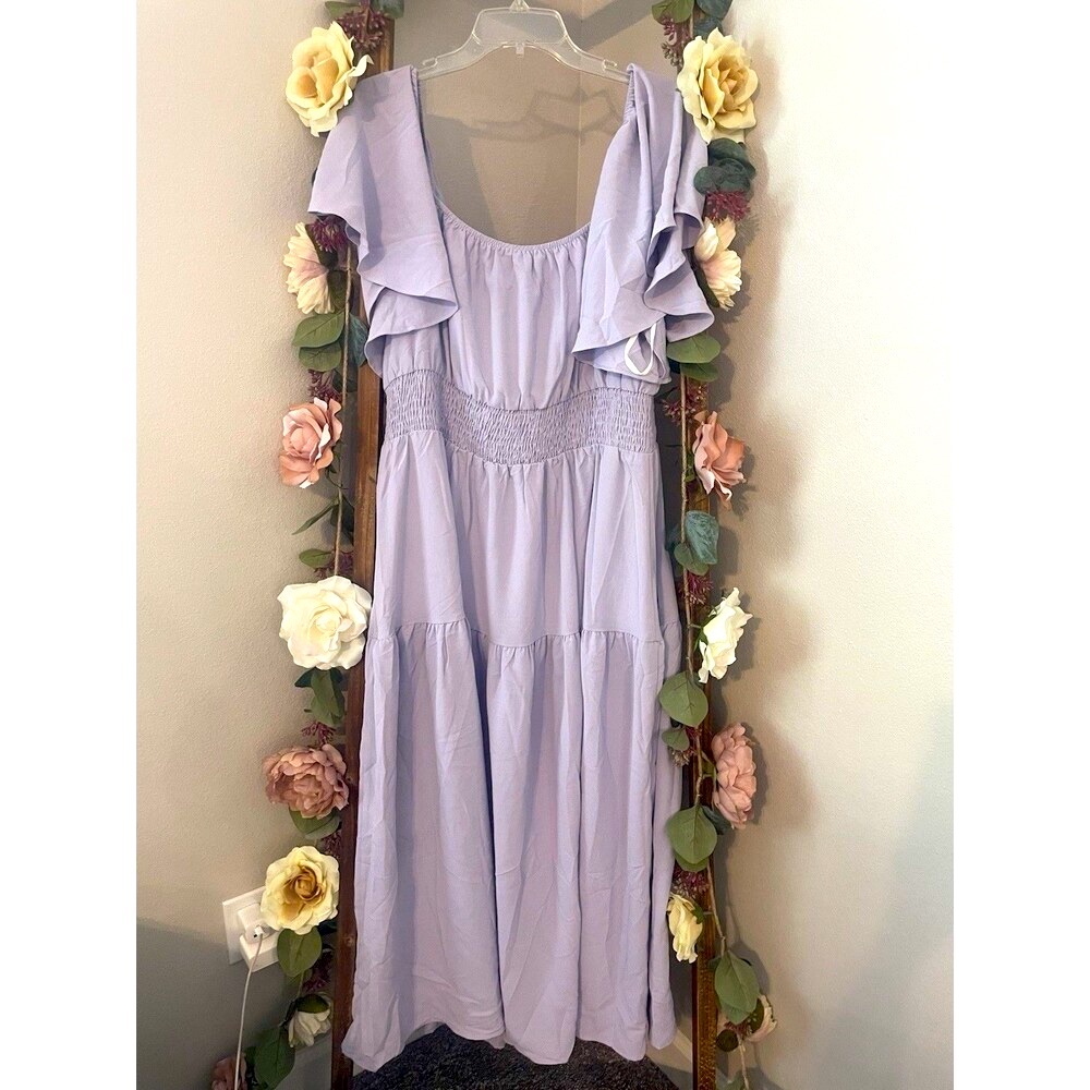 Square Neck Ruffle Sleeve Midi Dress GRACE KARIN Smocked Tiered Flowy - Picture 7 of 8